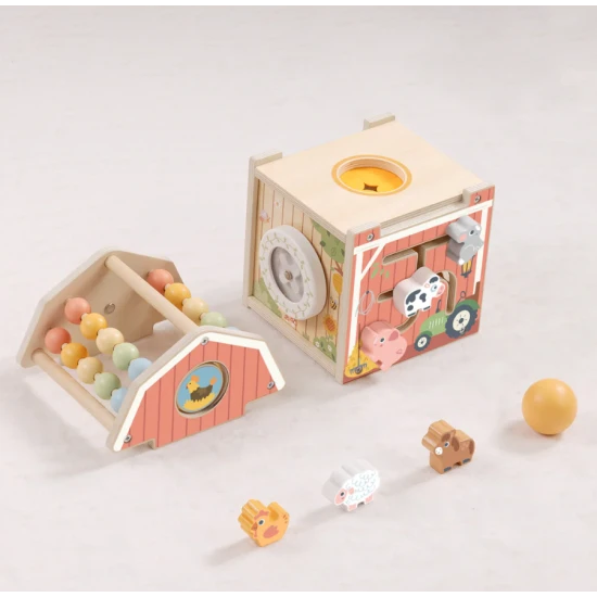 Drevený aktivity domček Farma Tooky Toy – vzdelávacia hračka so zvieratkami, korálkami a veterníkom