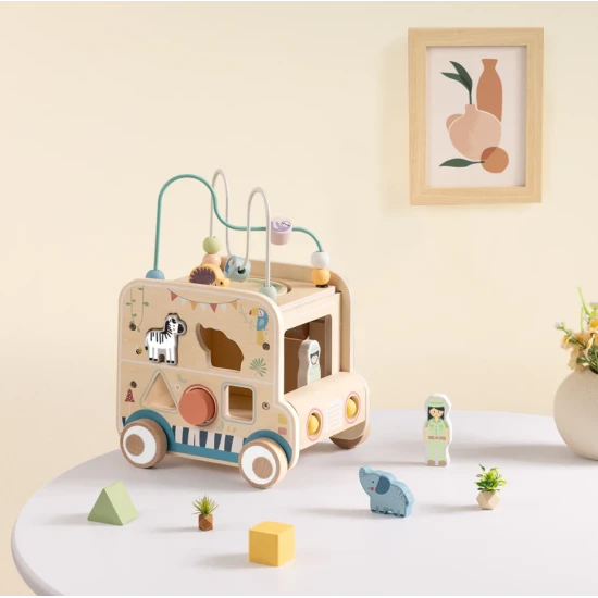 Drevená vkladačka Safari s labyrintom Tooky Toy – vzdelávacia drevená hračka so zvieratkami a korálkami