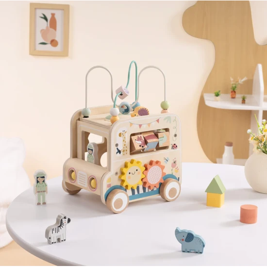 Drevená vkladačka Safari s labyrintom Tooky Toy – vzdelávacia drevená hračka so zvieratkami a korálkami