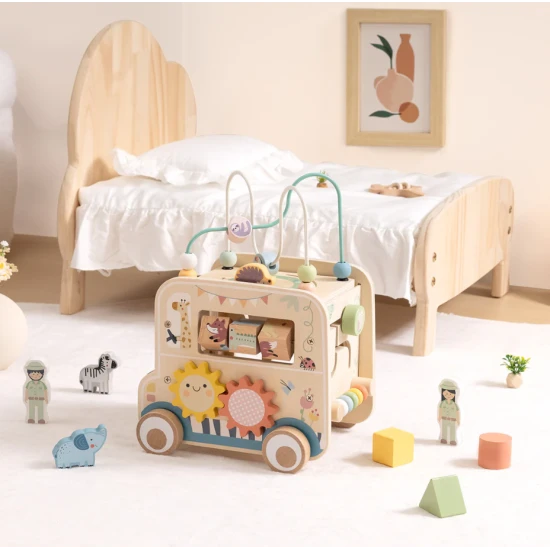 Drevená vkladačka Safari s labyrintom Tooky Toy – vzdelávacia drevená hračka so zvieratkami a korálkami