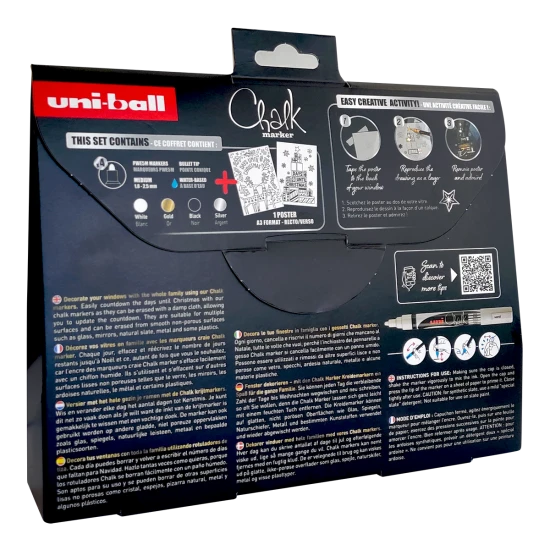 Vianočná dekoračná súprava Nordic UNI PWE-5M Nordic – 4 ks kriedových popisovačov so šablónami a mixom farieb na dekorovanie okien, zrkadiel a tabúľ