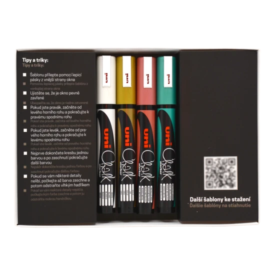 Vianočná dekoračná súprava UNI PWE-5M Traditional – 4 ks kriedových popisovačov, mix farieb (biela, zlatá, metalická červená a zelená) s vianočnými šablónami na dekorovanie okien a zrkadiel