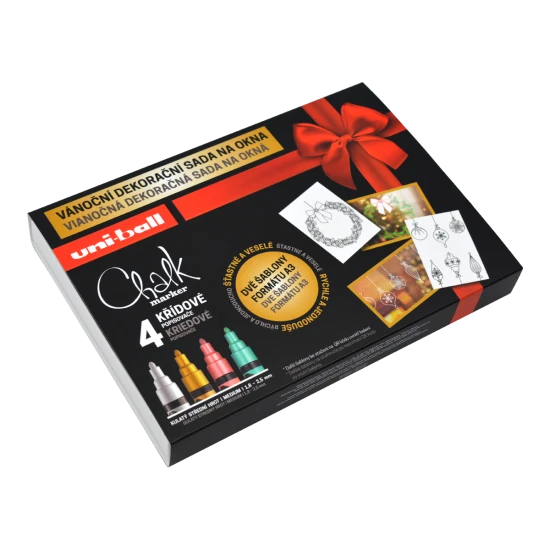 Vianočná dekoračná súprava UNI PWE-5M Traditional – 4 ks kriedových popisovačov, mix farieb (biela, zlatá, metalická červená a zelená) s vianočnými šablónami na dekorovanie okien a zrkadiel