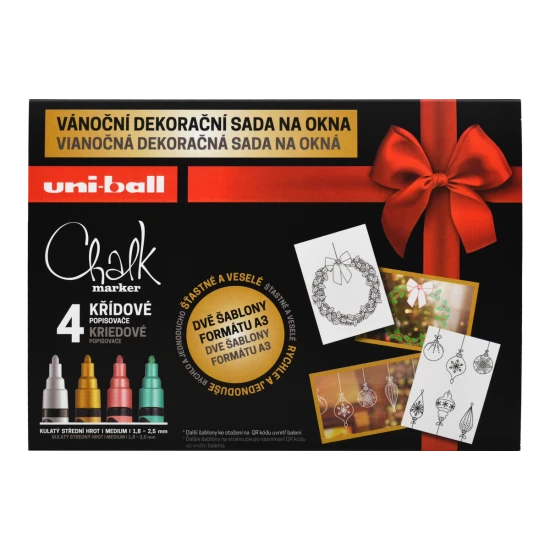 Vianočná dekoračná súprava UNI PWE-5M Traditional – 4 ks kriedových popisovačov, mix farieb (biela, zlatá, metalická červená a zelená) s vianočnými šablónami na dekorovanie okien a zrkadiel