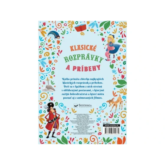 Ilustrovaná kniha Klasické rozprávky a príbehy s postavami ako Peter Pan, Snehulienka a Pinocchio