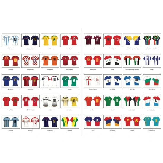 Interaktívna kniha o národných futbalových tímoch s dresmi, vlajkami, výsledkami a samolepkami