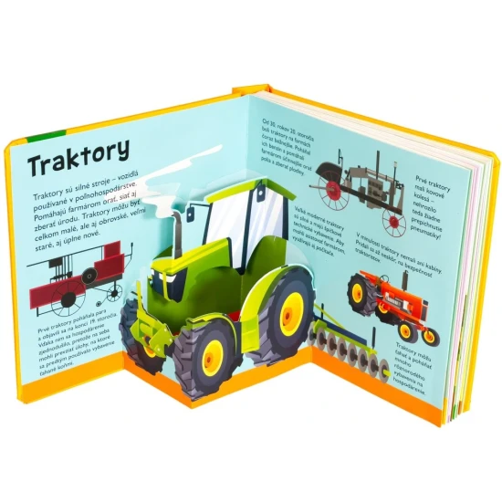 Detská pop-up kniha o traktoroch a pracovných strojoch s priestorovými ilustráciami