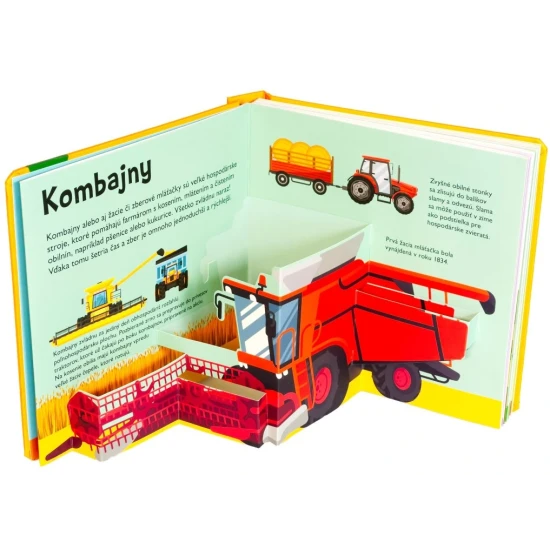 Detská pop-up kniha o traktoroch a pracovných strojoch s priestorovými ilustráciami