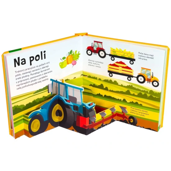 Detská pop-up kniha o traktoroch a pracovných strojoch s priestorovými ilustráciami