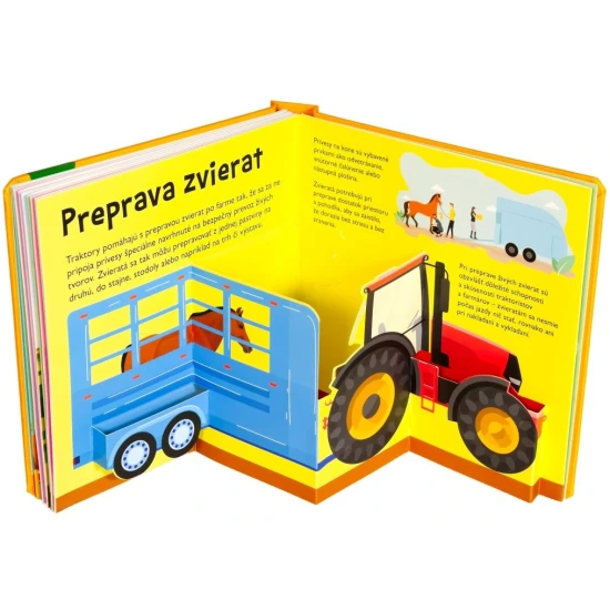 Detská pop-up kniha o traktoroch a pracovných strojoch s priestorovými ilustráciami