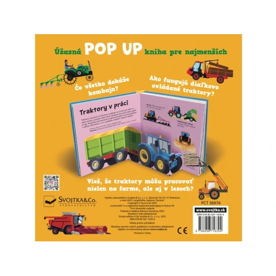Detská pop-up kniha o traktoroch a pracovných strojoch s priestorovými ilustráciami