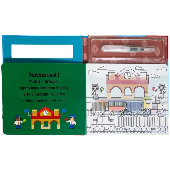 Maľuj vodou, počkaj, kým obrázky zaschnú, a potom začni maľovať znova a hľadaj obrázky vlakov.