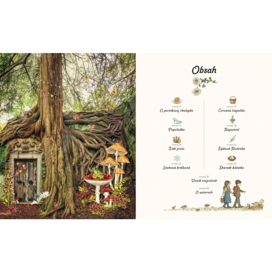 Zbierka klasických rozprávok s fotografiami prírody a ilustráciami postáv z príbehov bratov Grimmovcov a Andersena