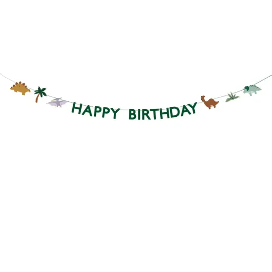 Krásna girlanda s nápisom Happy Birthday a rôznymi kreslenými dinosaurami. 