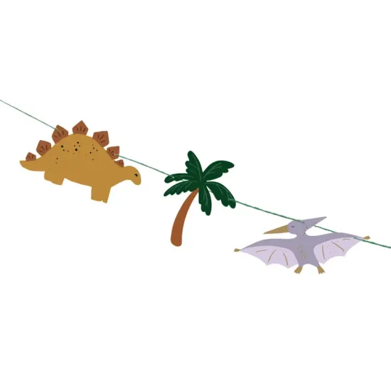 Krásna girlanda s nápisom Happy Birthday a rôznymi kreslenými dinosaurami. 