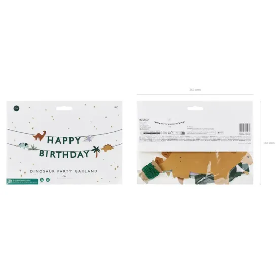Krásna girlanda s nápisom Happy Birthday a rôznymi kreslenými dinosaurami. 