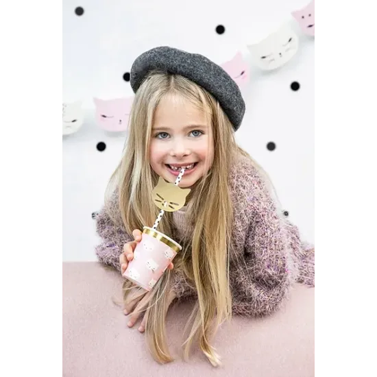 Ružové poháre s motívom mačka vhodné na detské narodeninové oslavy. 