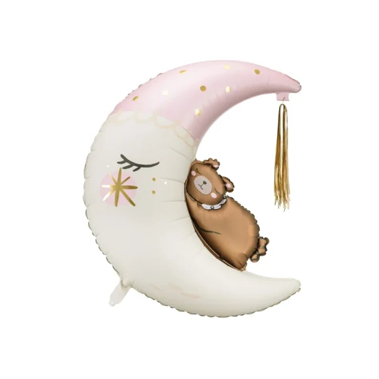 Balón Medvedík na mesiaci s ružovými prvkami. Skvelý doplnok na detskú oslavu. 