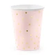 Poháre, ktoré rozveselia každú párty. Ružové papierové poháriky sú zdobené zlatými bodkami.