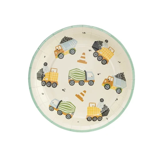 Narodeninové taniere na detskú oslavu s motívom stavebné vozidlá.