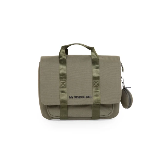 Childhome Canvas Khaki – školská taška s reflexnou pláštenkou 39×31×12 cm