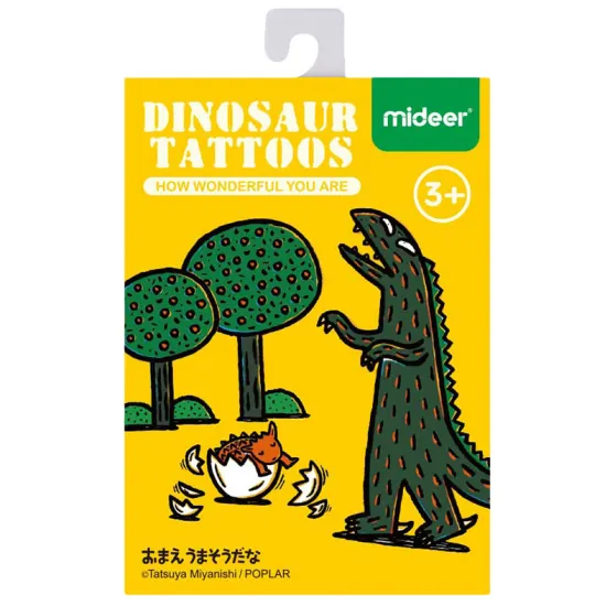 Dočasné tetovačky pre malých dobrodruhov. Set obsahuje 11 tetovaní s obrázkami dinosaurov.