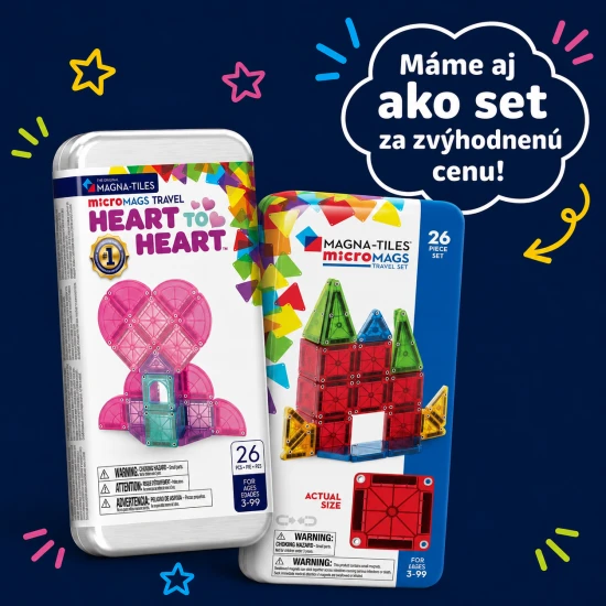 Magnetická stavebnica microMAGS Heart to Heart 26 dielov vhodná na cestovanie.
