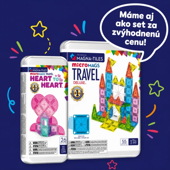 Magnetická stavebnica microMAGS Heart to Heart 26 dielov vhodná na cestovanie.
